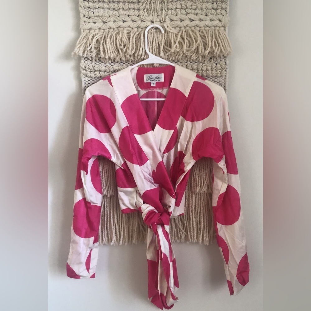 PAULA HIAN Signature Wrap Long Sleeve Top Cropped Polka Dot Pink White Retro